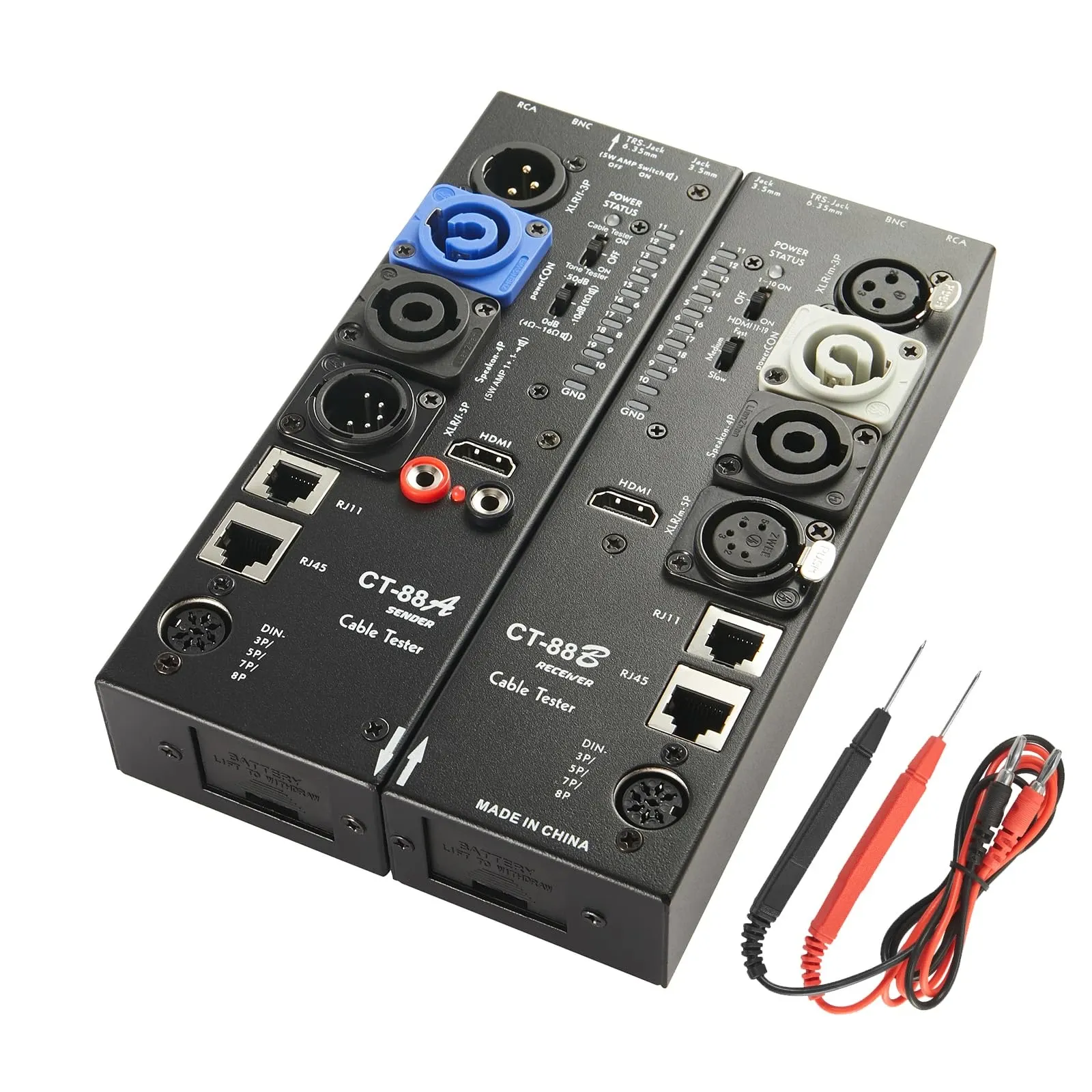 Professional multi-way cable tester and line audio finder kit with black and grey tester units, assorted connectors, and red and black probe leads on a white background.